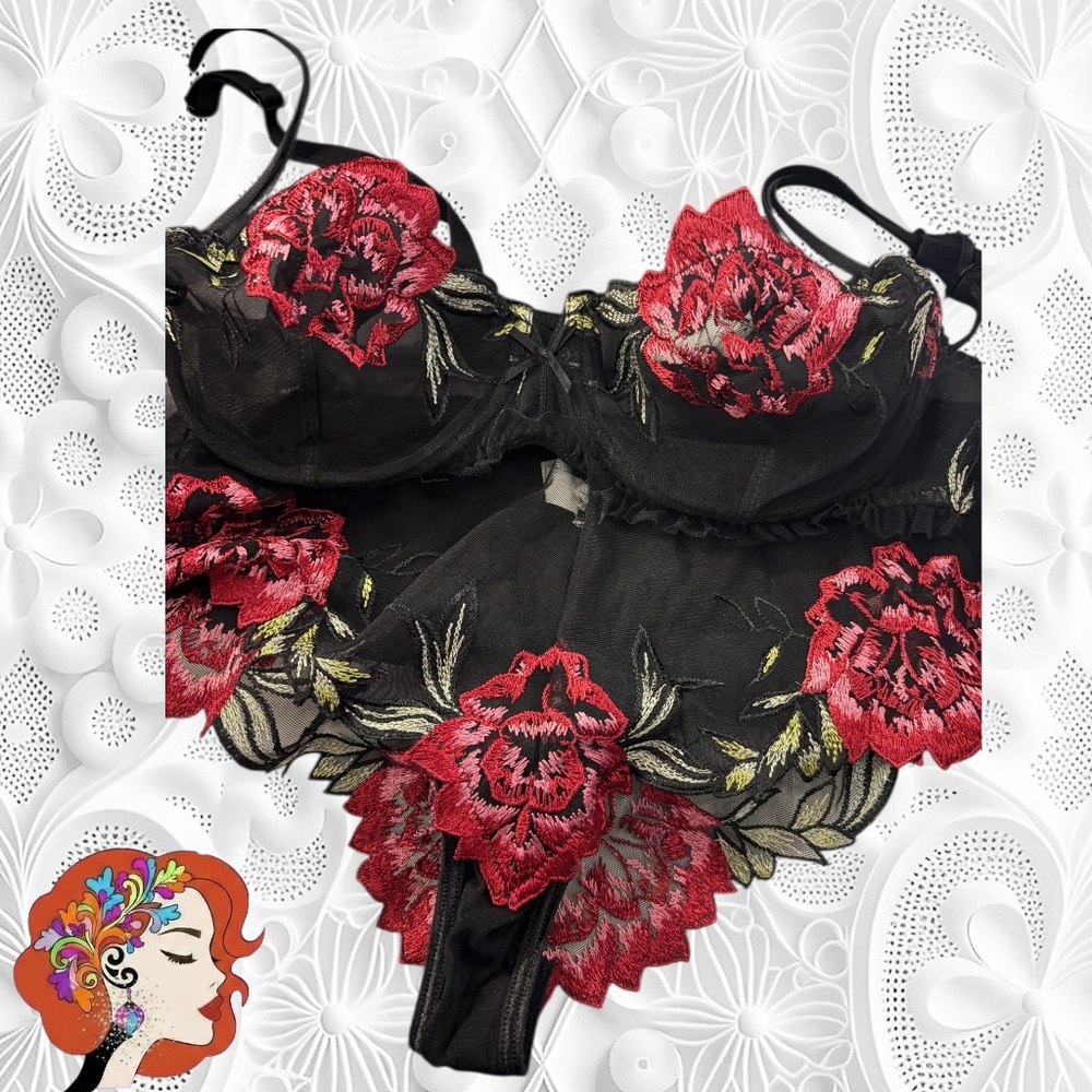 Black Lace Balconette Bra with Red Floral Embroidery SET